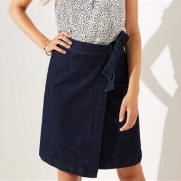 LOFT Dark Blue Denim Wrap Skirt 14 High Waist Jean Skirt Workplace Office Fall - Picture 10 of 11
